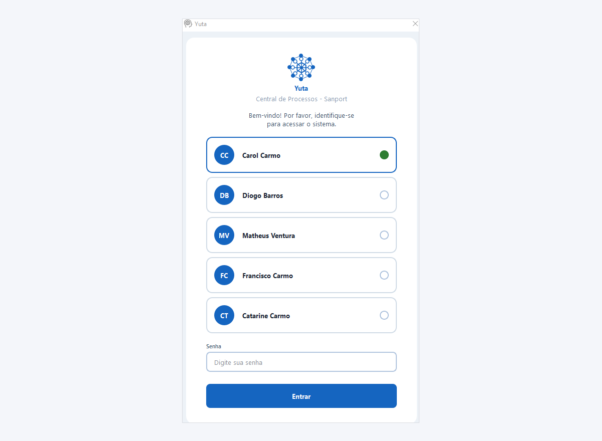 Yuta — tela de login multiusuário com seleção de perfil e campo de senha